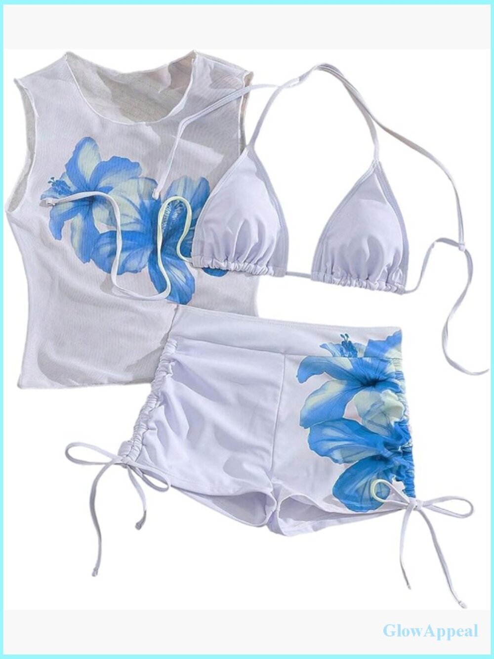3 Piece Bikini Set with Triangle Top and Shorts Halter Swimwear